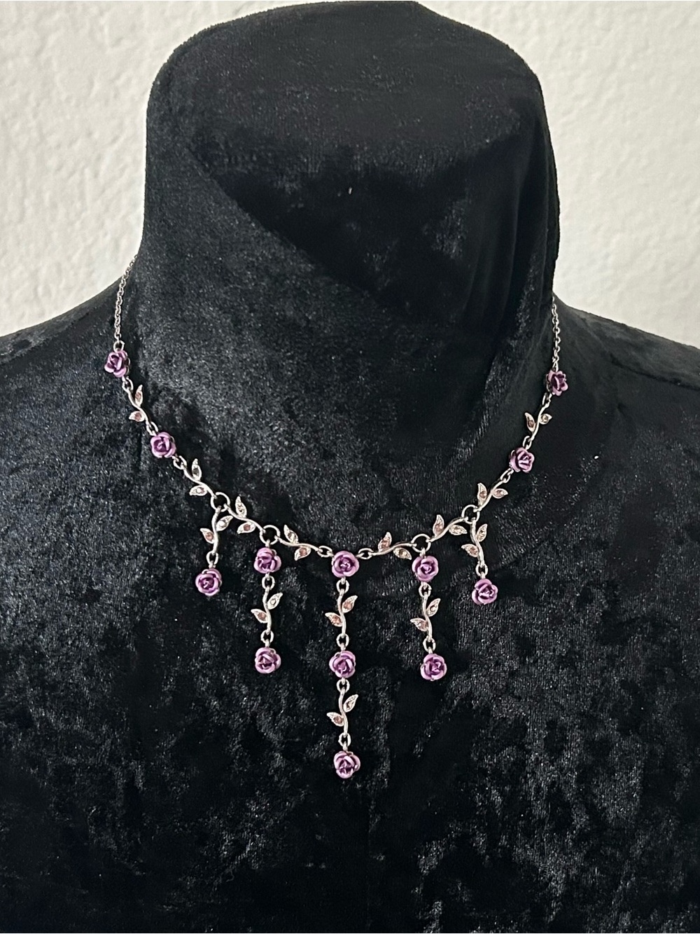 Purple Rose Floral Rhinestone Dangle Necklace Silver Tone